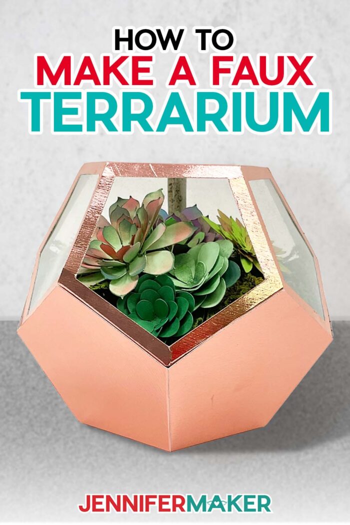 Learn how to make a DIY faux terrarium with JenniferMaker's tutorial! A small faux terrarium made with metallic rose gold and peach colored cardstock, filled with a variety of hand-inked cardstock succulents.