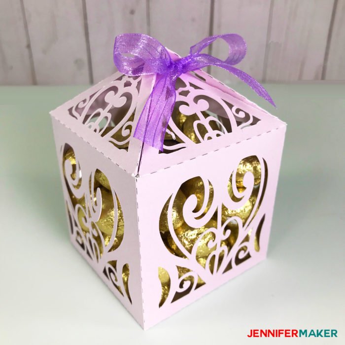 Lavendar paper filigree diy favor box or treat box made with shimmer paper on a Cricut