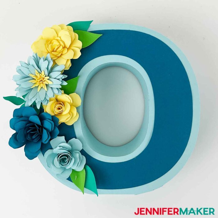 DIY Floral Letter "O" made with blue and yellow cardstock paper flowers