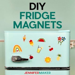 DIY fridge magnets with bright designs of fruits and summery flowers on a retro mint refrigerator.