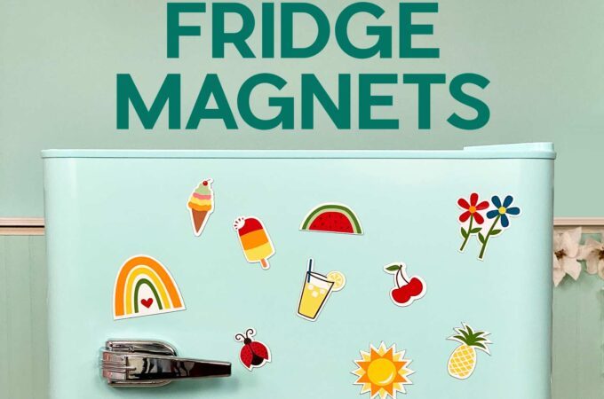DIY fridge magnets with bright designs of fruits and summery flowers on a retro mint refrigerator.