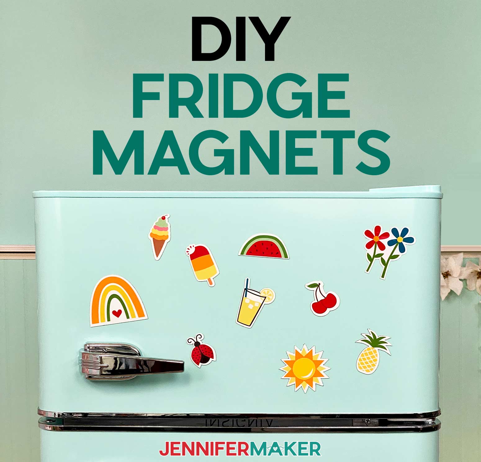 DIY fridge magnets with bright designs of fruits and summery flowers on a retro mint refrigerator.