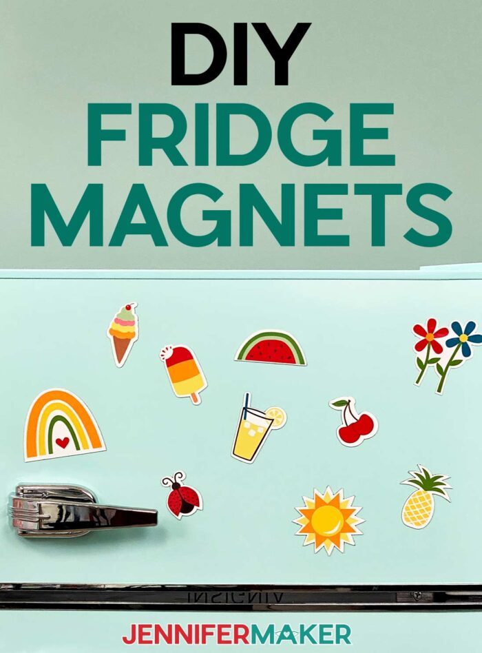 DIY fridge magnets with bright designs of fruits and a summery rainbow on a retro mint refrigerator.