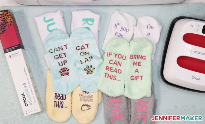 DIY Funny Socks with Sayings made with Infusible Ink and polyester socks