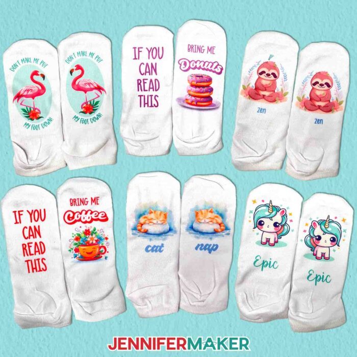 Pairs of white ankle socks with sublimation designs including flamingoes,  bring me donuts, a Zen sloth, bring me coffee, a cat nap, and an epic chibi unicorn.