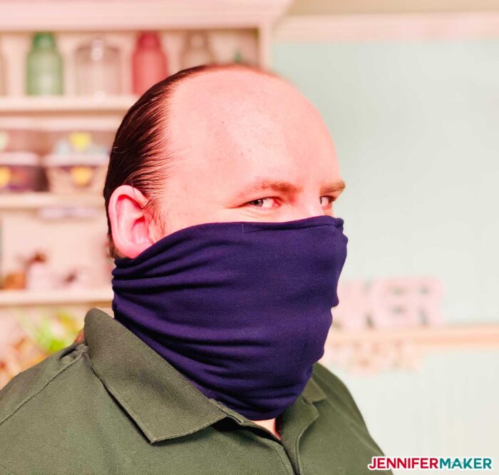 Gaiter Face Mask in blue knit on a man (Greg)