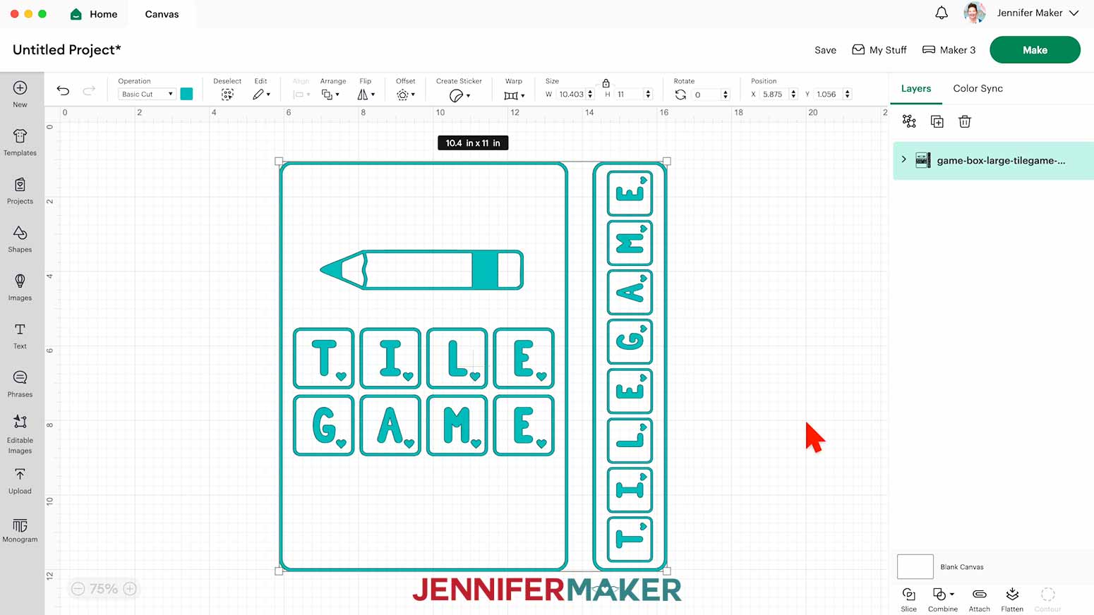 The DIY board game box Tile Game design on the Cricut Design Space canvas