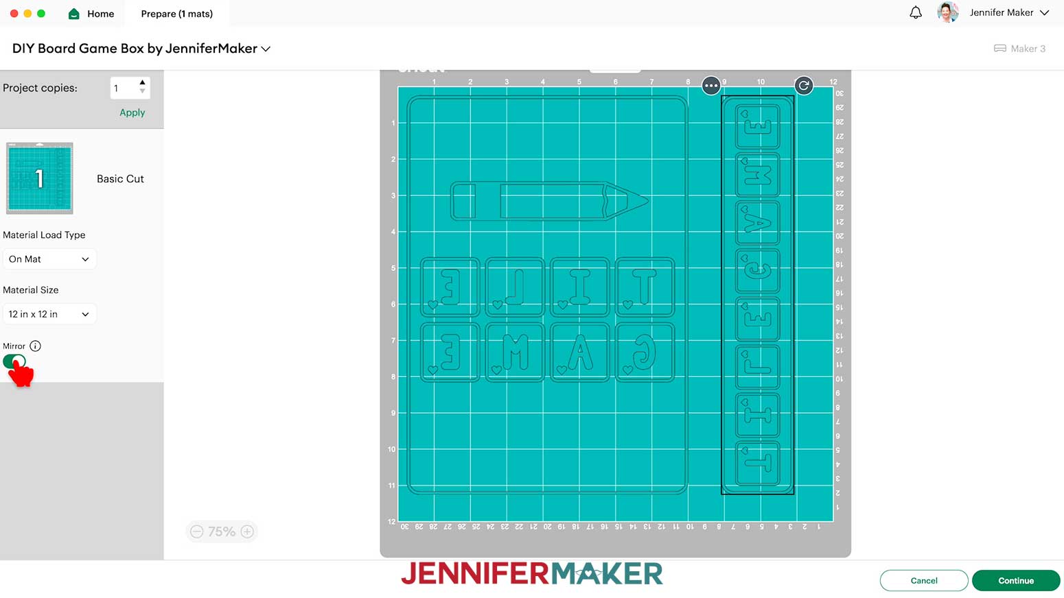 The Prepare screen in Cricut Design Space for the DIY board game box