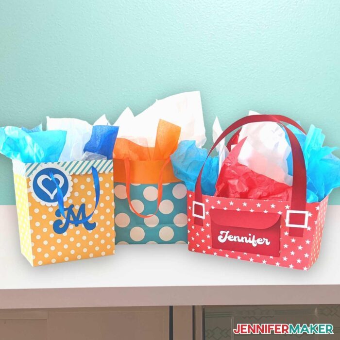 Cardstock DIY Gift Bag group on a white desk.