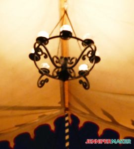 Glamping chandelier with LED tea lights, an easy DIY glamping idea