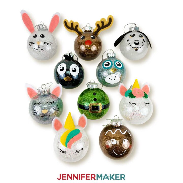 DIY glitter ornament set with cute animal faces: bunny, reindeer, dog, penguin, owl, cat, elf, unicorn, gingerbread man