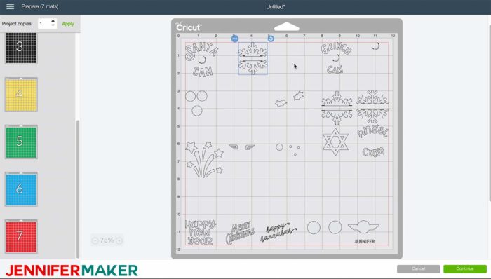 A mat preview in Cricut Design Space to make vinyl for the DIY glitter ornaments