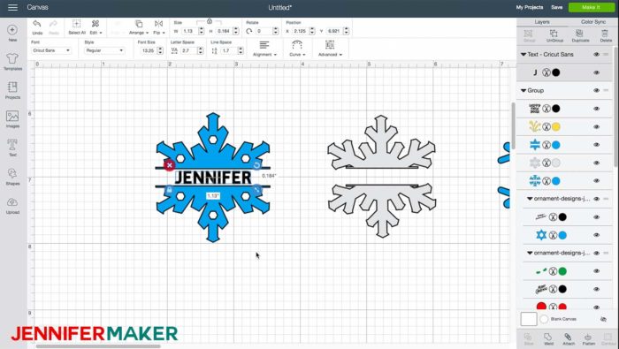 Personalizing a snowflake design in Cricut Design Space to make DIY glitter ornaments