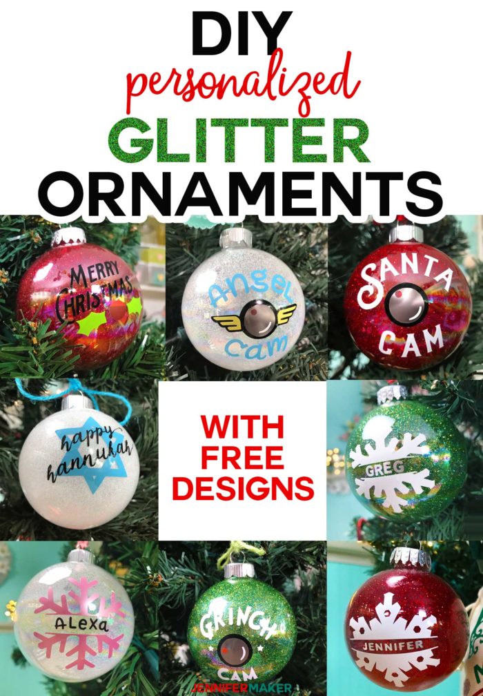 DIY Glitter Ornaments Personalized on a Cricut! #glitter #ornaments #holidaydecor #cricut #svgcutfile #santacam #grinch #snowflake