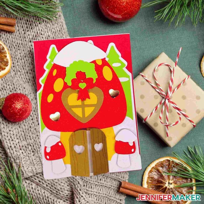 DIY greeting card on a festive background made using a Cricut cutting machine