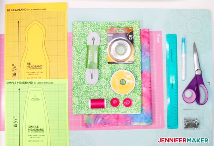 Materials to make the DIY Headbands with Buttons for Masks in several different styles