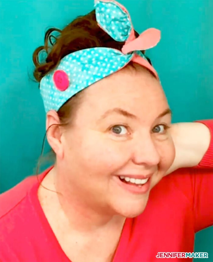 DIY Headband with Button and a Topknot Tie in blue polka dot cotton