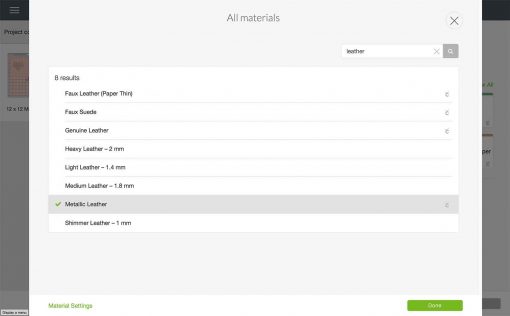 Choosing the Metallic Leather as a custom material in Cricut Design Space