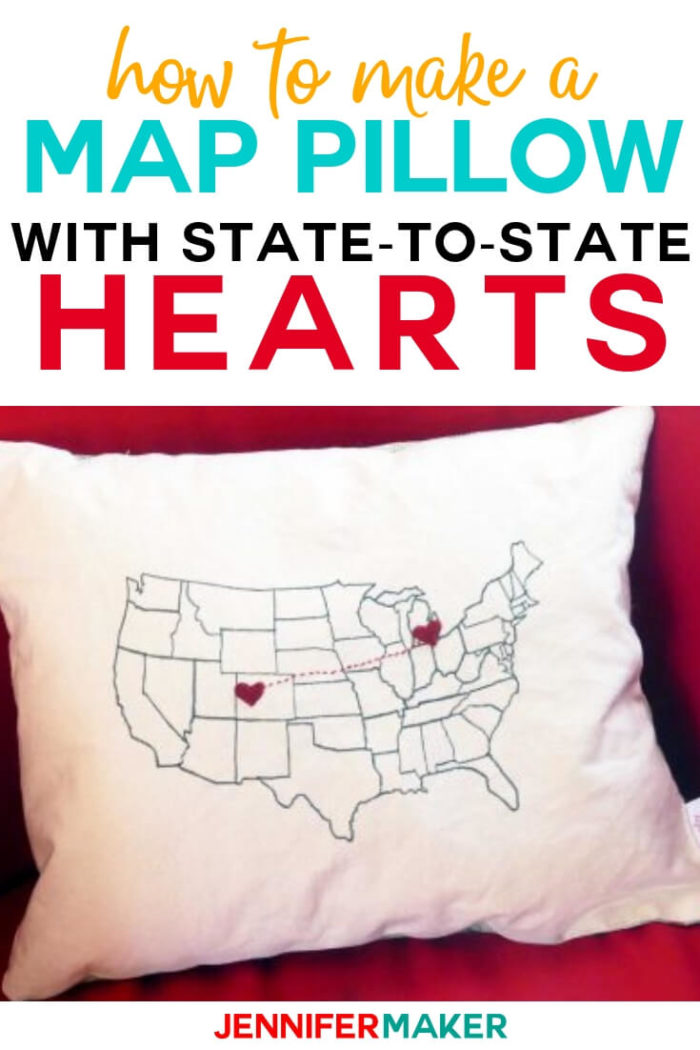 This DIY map pillow with state-to-state hearts is the perfect gift to give to a long distance loved one, faraway friends, or just mark the route of a special vacation you took. #diy #tutorial #craftprojects