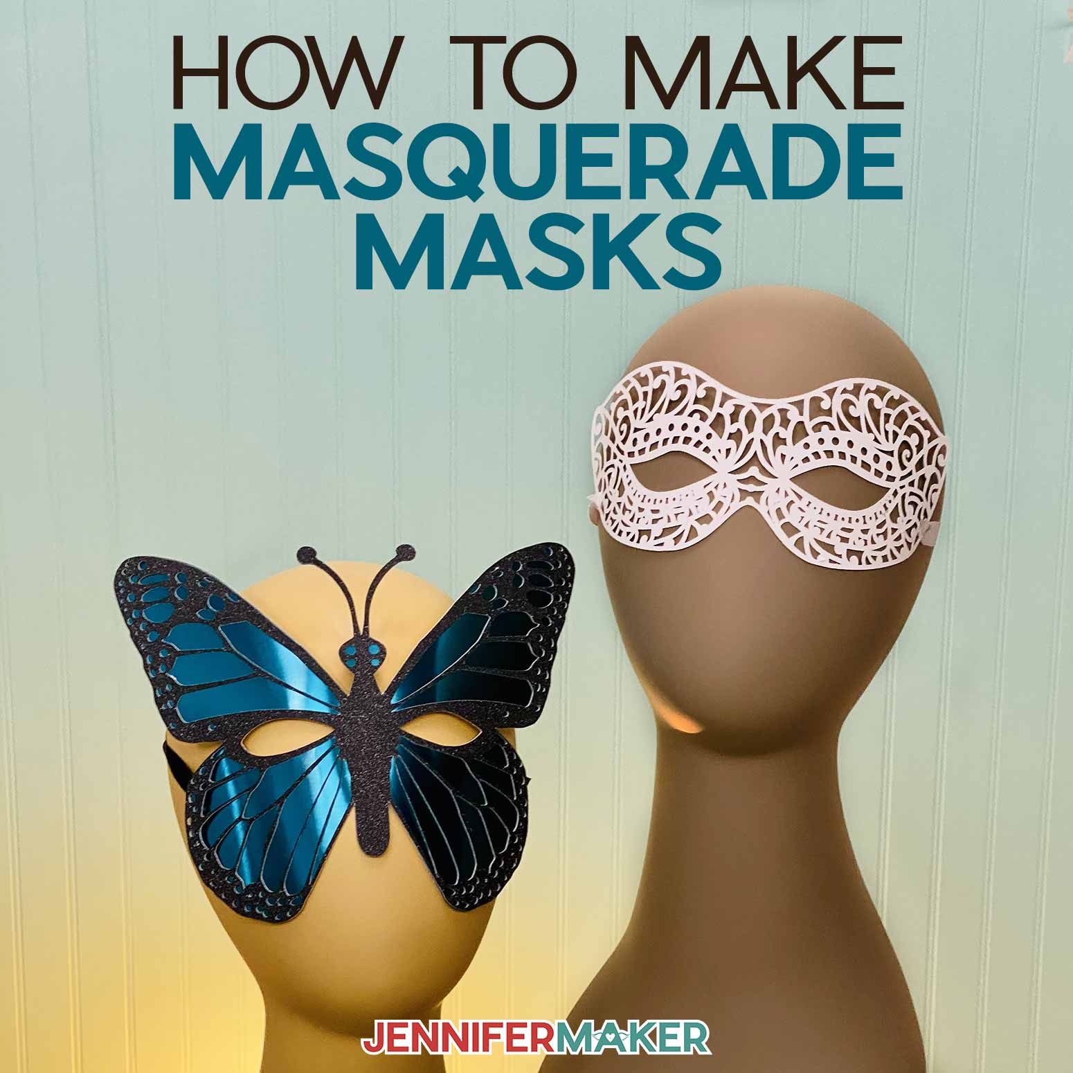 DIY Masquerade Masks with a blue butterfly mask and a white filigree mask on manequinn heads