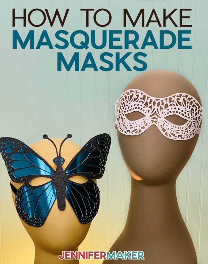 DIY Masquerade Masks with a blue butterfly mask and a white filigree mask on mannequin heads