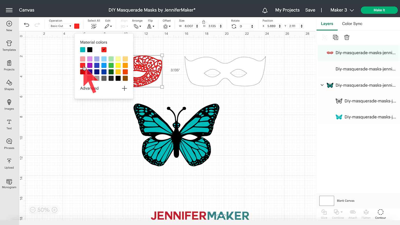 Design Space color menu to change layer color of intricate masquerade mask design.