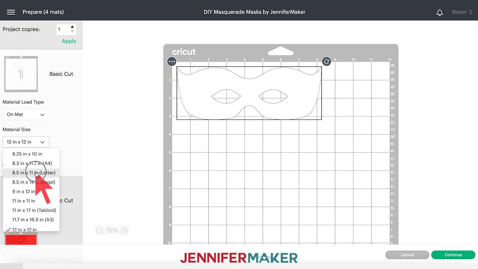 Change material size to 8.5 x 11 in Design Space Prepare screen.