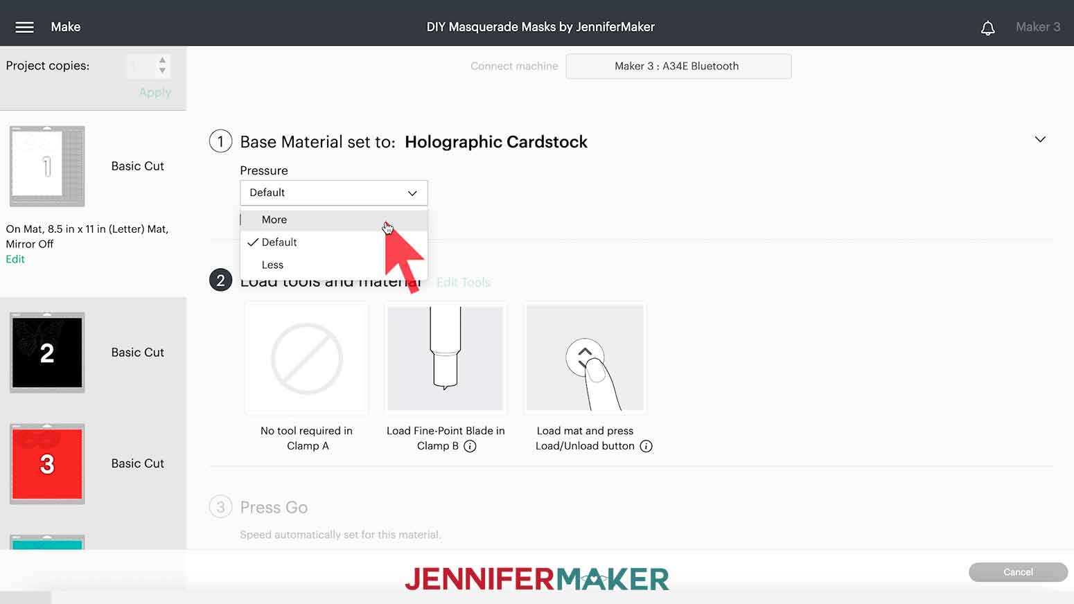 Select More Pressure from dropdown to help with better cutting results.