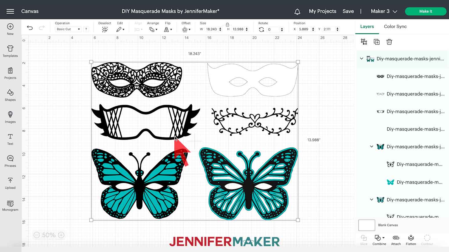 DIY Masquerade Mask SVG file with six designs on Cricut Design Space canvas.