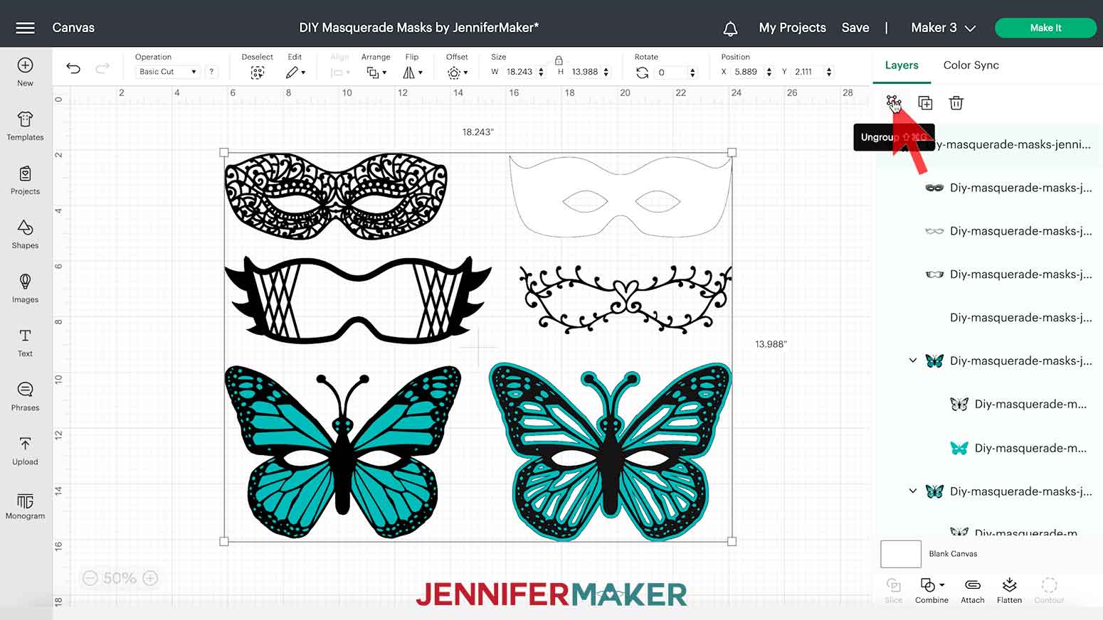 Click the Ungroup icon in Cricut Design Space to separate mask designs.