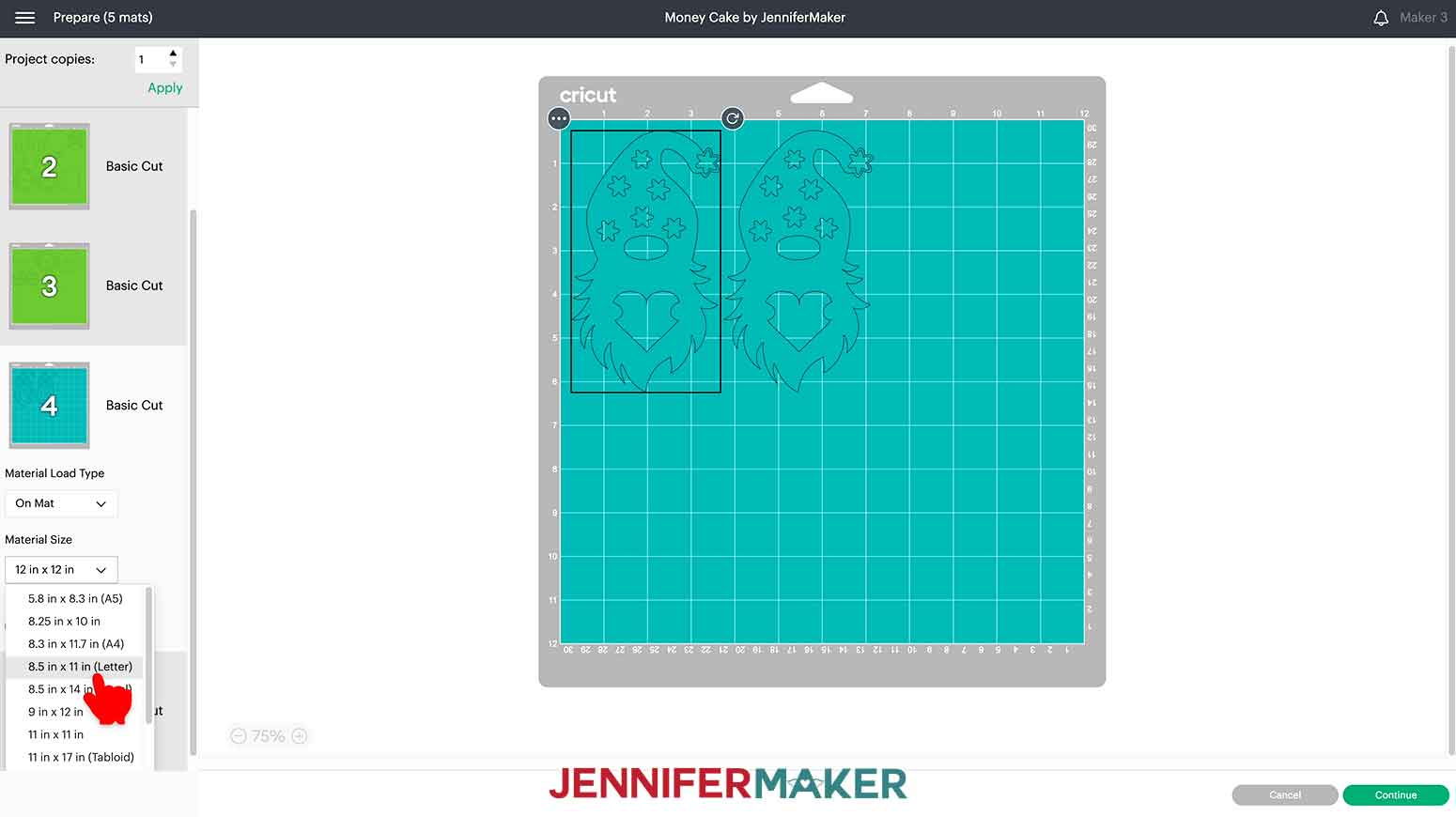 Select material size for each mat to make sure the design fits on the cardstock.