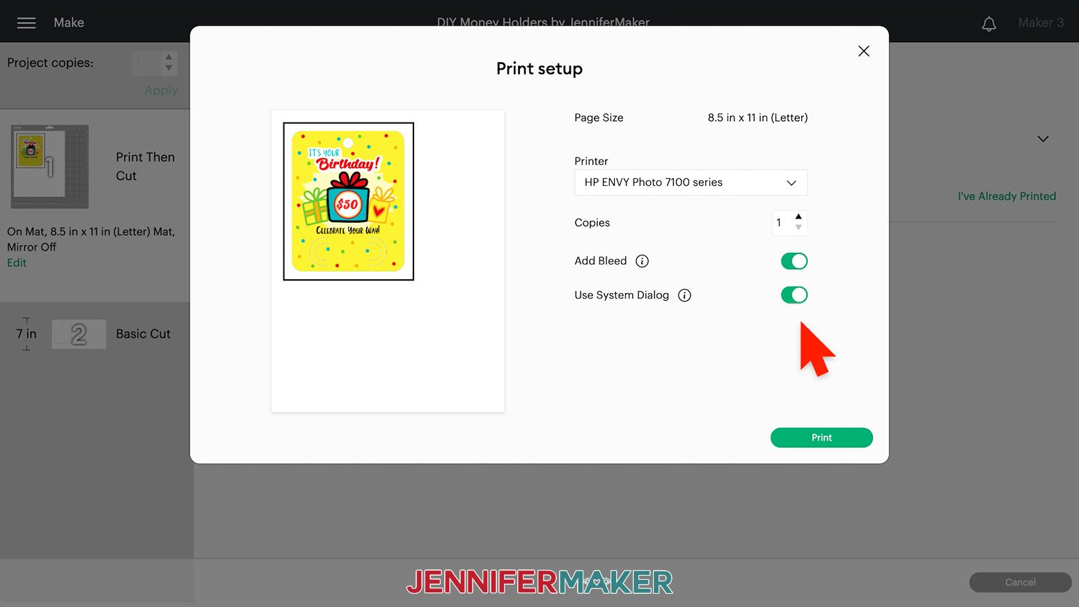 Print setup screen in Cricut Design Space showing the birthday design for the DIY money holders project. Add Bleed and Use System Dialog sliders are both green.