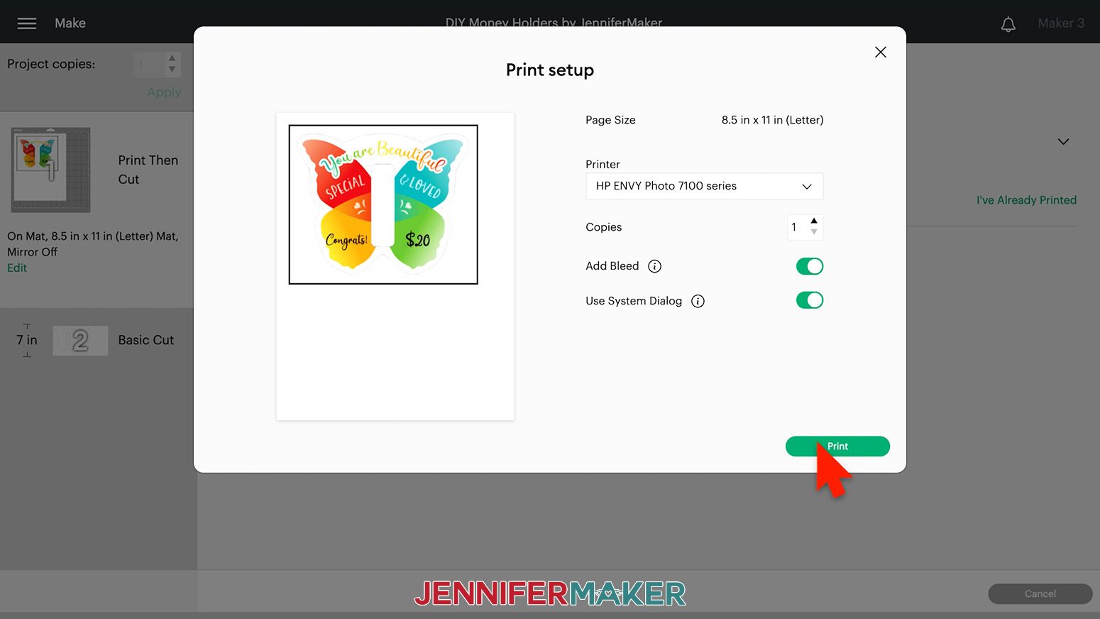 Print setup screen in Cricut Design Space showing the butterfly design for the DIY money holders project. Add Bleed and Use System Dialog sliders are both green.