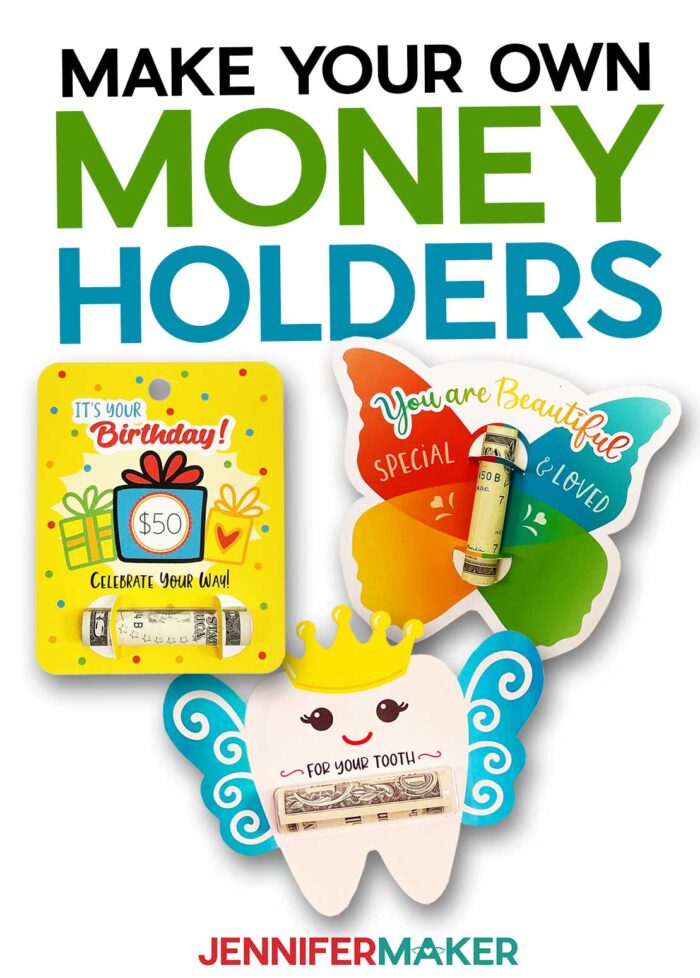 Illustrated birthday, butterfly, and tooth fairy DIY money holder cards with plastic domes and cardstock cutouts to hold dollar bills.