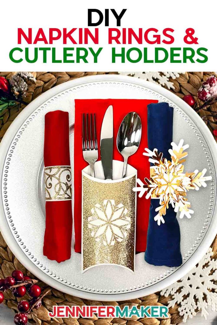 Make DIY Napkin Rings and Cutlery Holders with JenniferMaker's new tutorial! A festive place setting featuring holiday-themed napkin rings and a cutlery holder made of cardstock cut with a Cricut cutting machine.