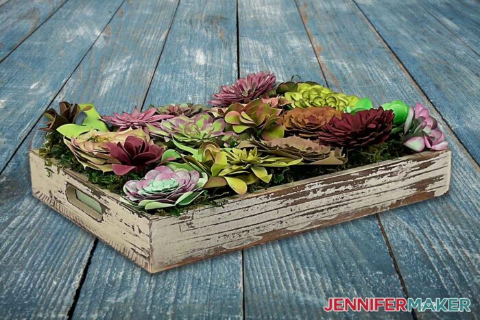 DIY Paper Succulents in Wood Tray Planter