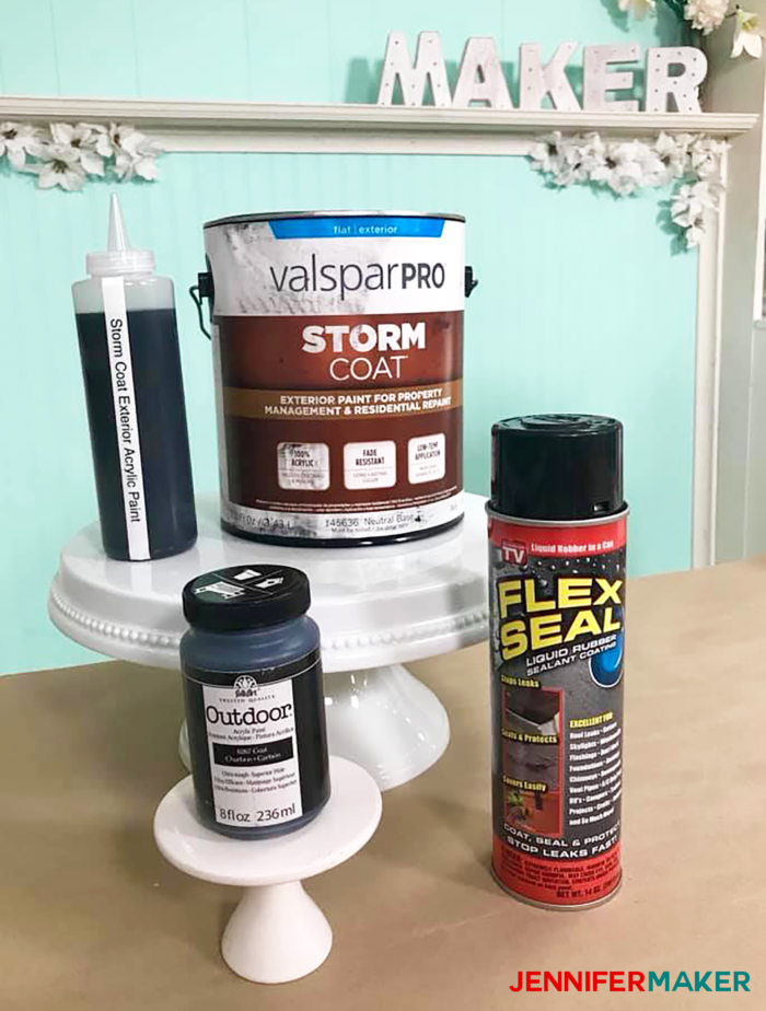 Three black paint choices for DIY painted and personalized door mats -- exterior house paint, Flex Seal rubber spray, and outdoor acrylic paint