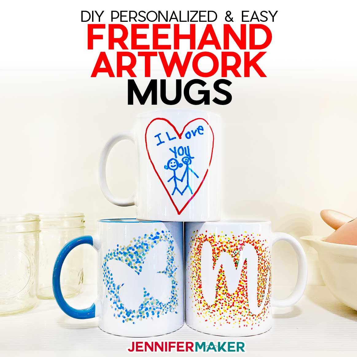 DIY Personalized Mugs with Kids Artwork and Dot Monograms - Free Templates for Cricut Infusible Ink