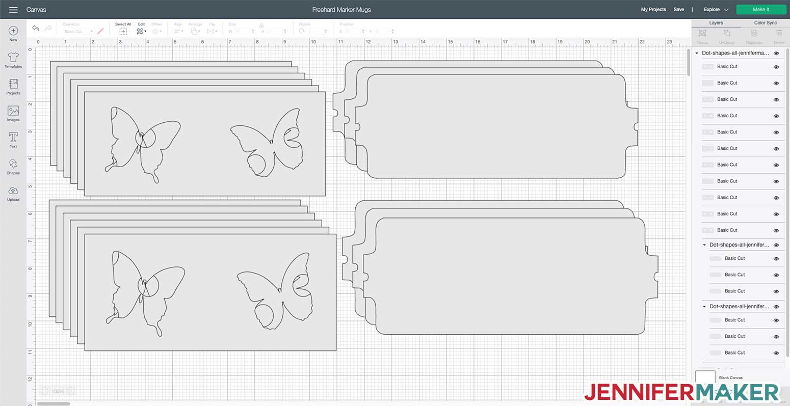 Dot butterfly SVG cut file uploaded to Cricut Design Space to make a DIY personalized mug with Infusible Ink markers