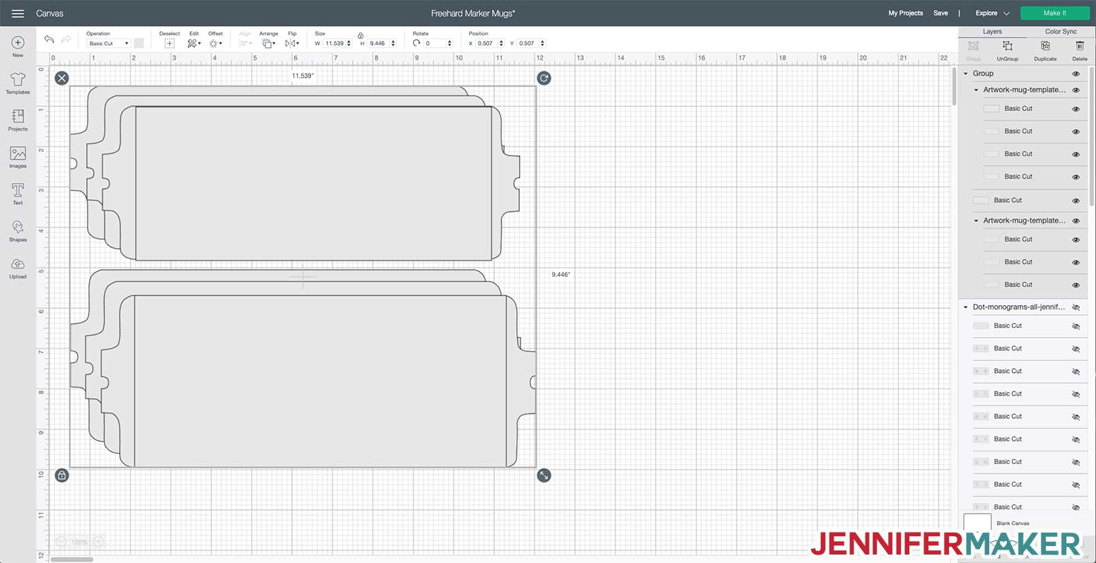 Blank artwork template SVG cut file uploaded to Cricut Design Space to make a DIY personalized mug with Infusible Ink markers