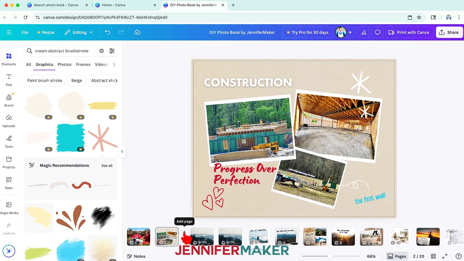 Hover your cursor between two pages, then click the button with a plus sign that appears to add a new blank page.