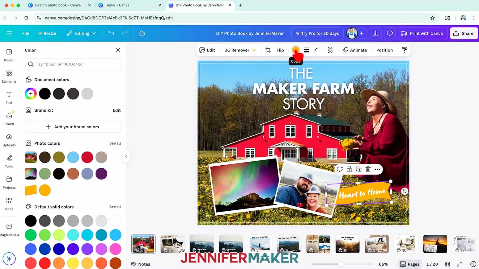 Click a color swatch in Canva's top menu to select a new color for an element.