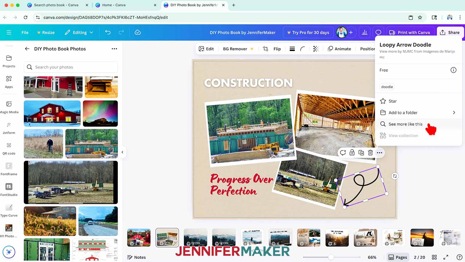 Select an element in Canva and click the three dots that appear. Then click &ldquo;Info&rdquo; and &ldquo;See more like this.&rdquo;