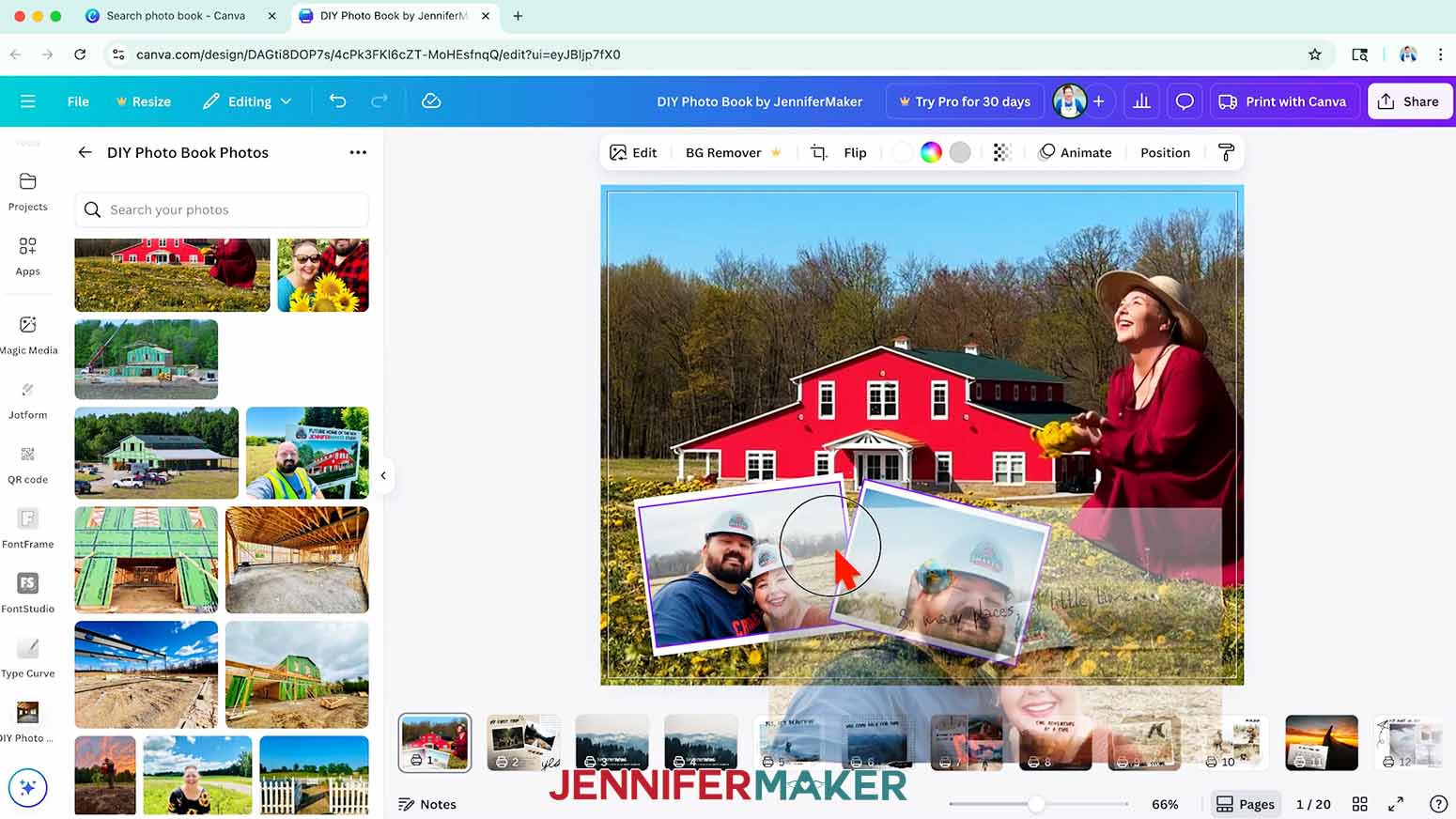 Click and drag a photo from your Canva Uploads folder onto a frame and hover in the top left corner until the image automatically fills the frame.
