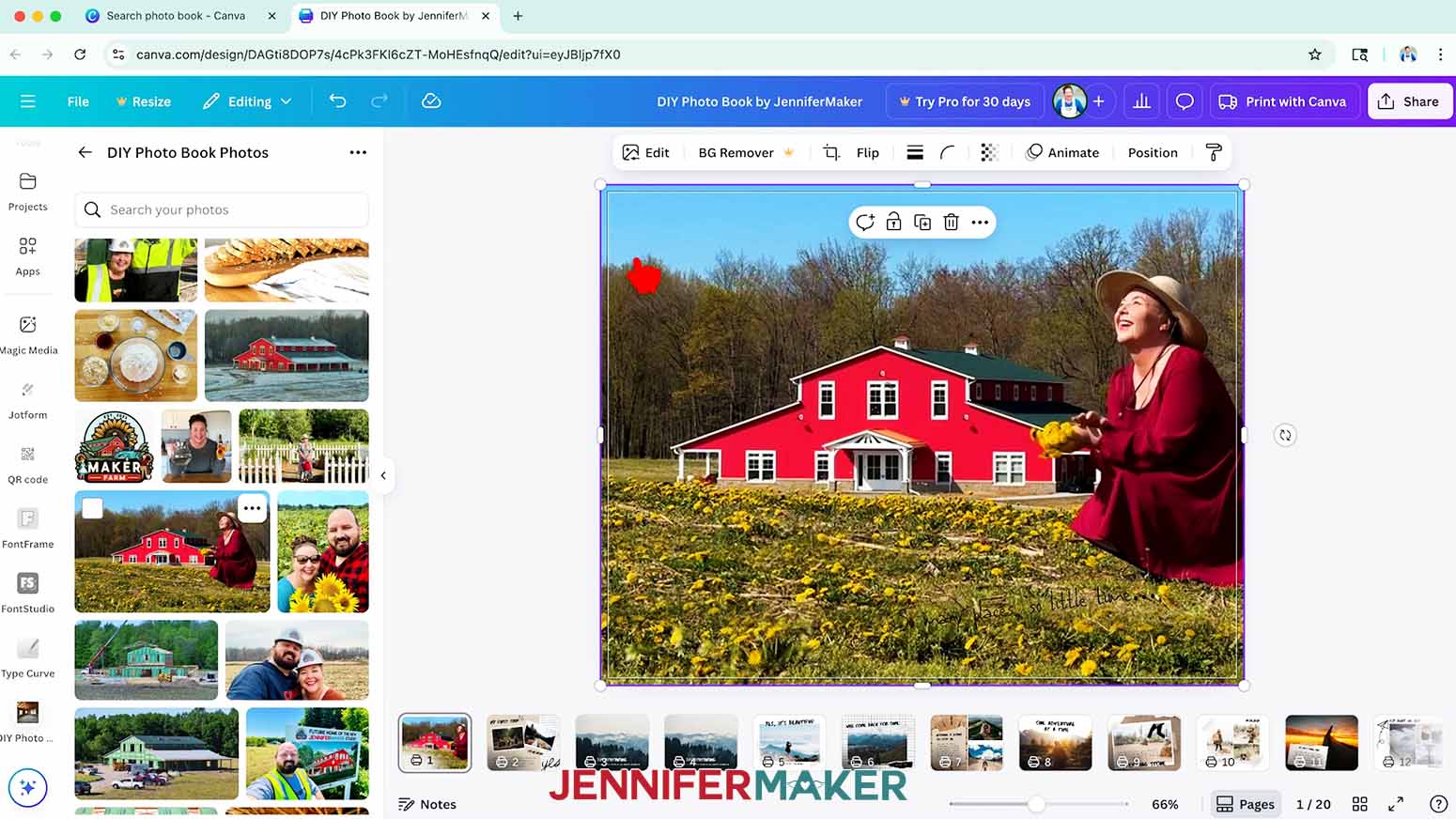 Click and drag a photo from the Uploads in Canva onto the background frame for the DIY Photo Book.
