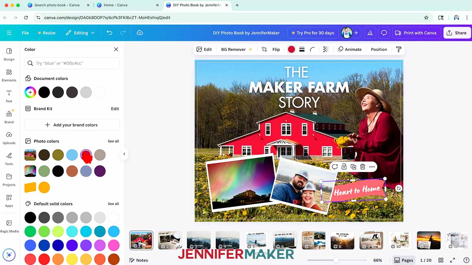 Selecting the red color swatch with the orange banner element selected in Canva changes its color to pink.
