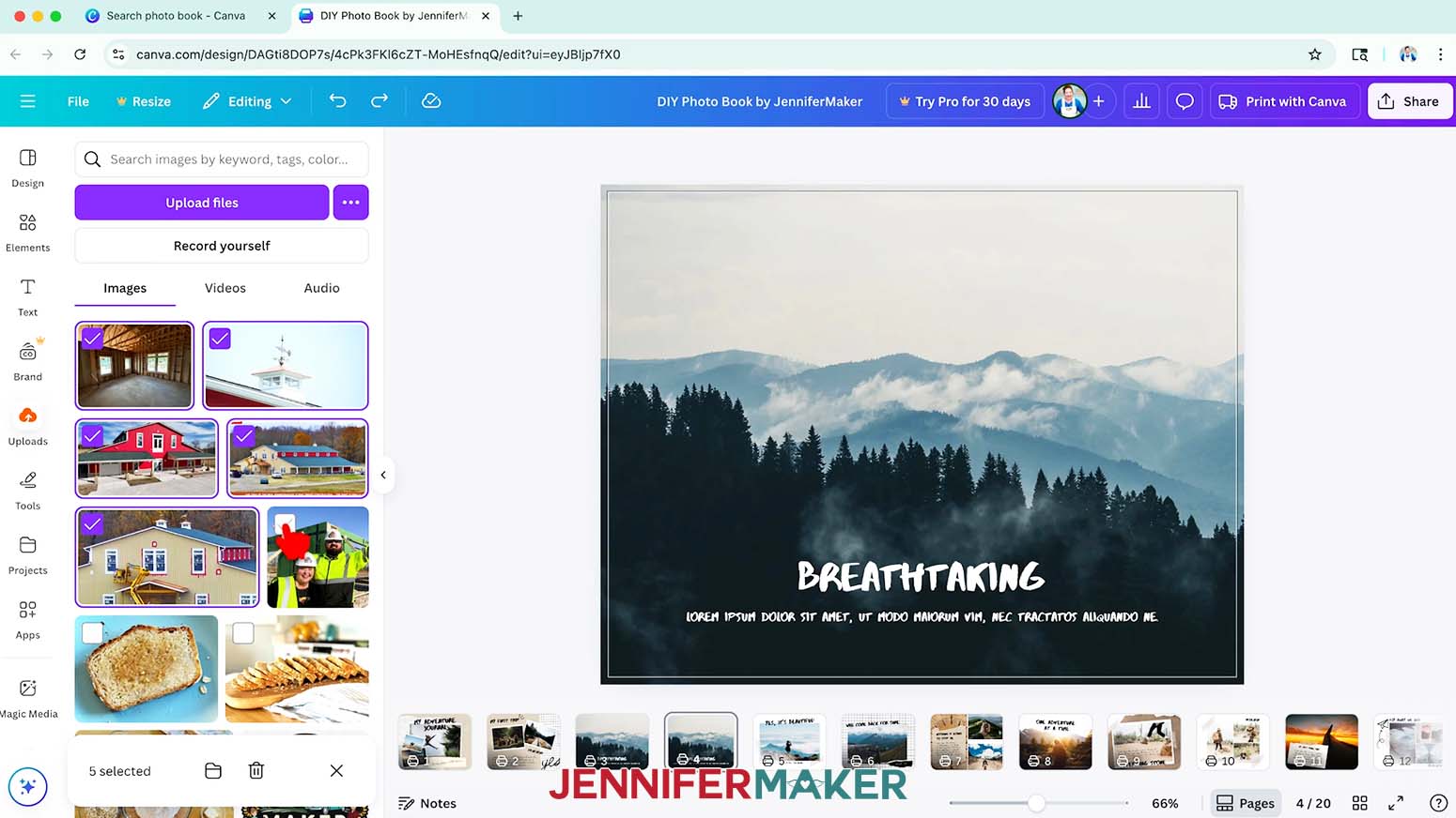 Click the check boxes at the top left of uploaded photos to select them in Canva.