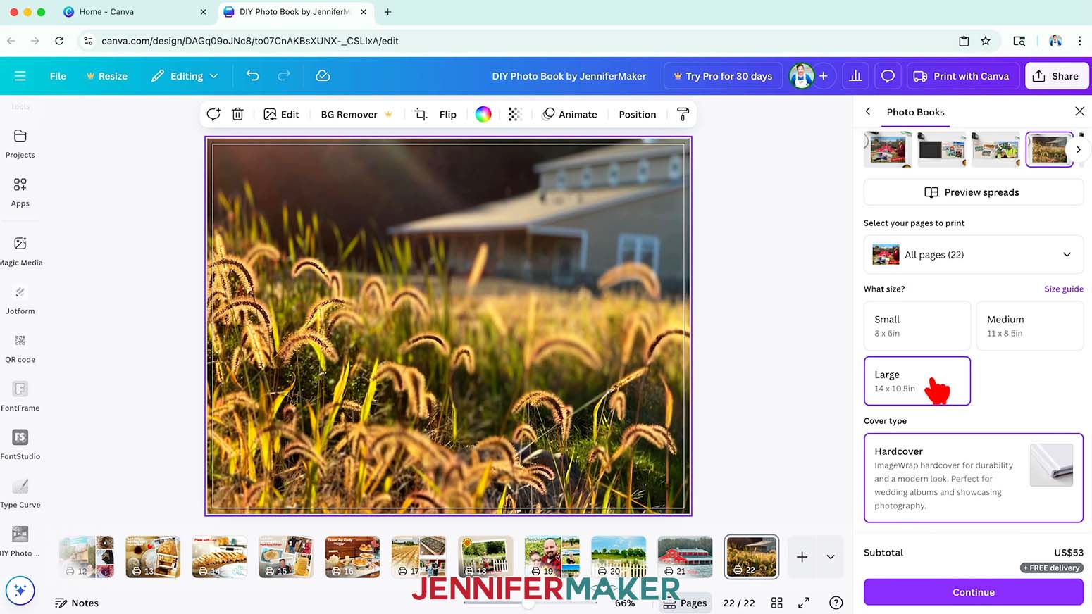 Under &ldquo;What size?&rdquo; select &ldquo;Large (14 x 10.5 in)&rdquo; for a large Canva photo book.