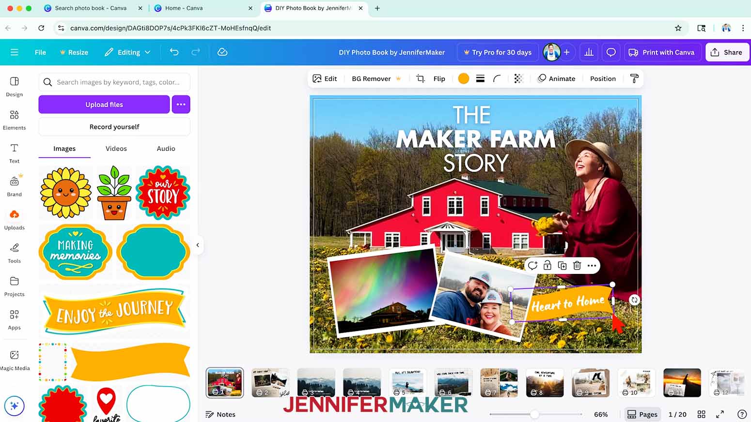 Layer elements over or under photos to create a fun, scrapbook-style look for your DIY photo book.