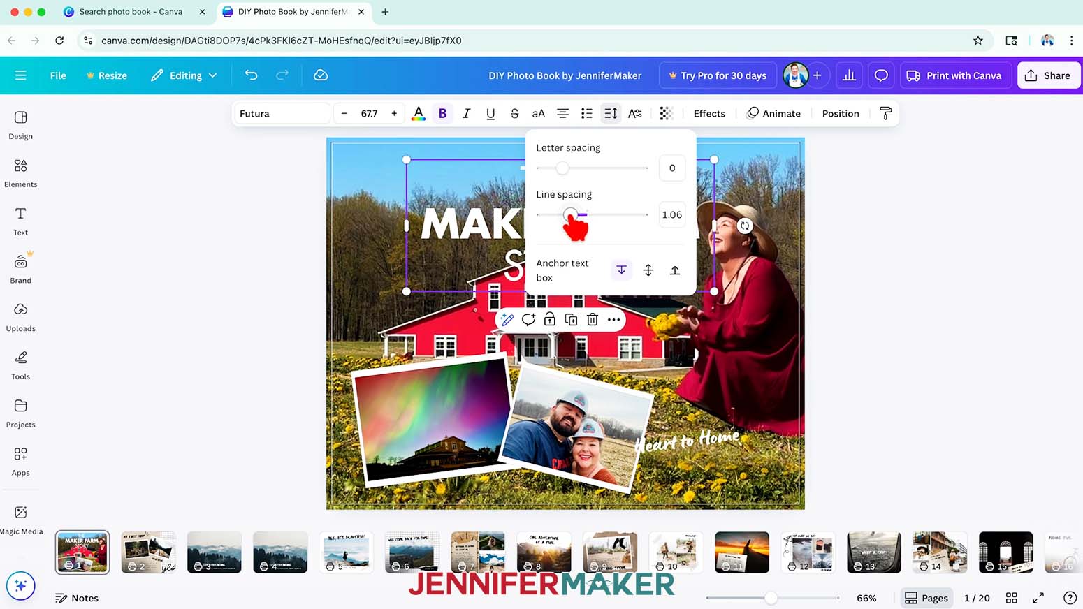 With a text box selected in Canva, click the &ldquo;Spacing&rdquo; icon and then drag the "Line spacing" slider left or right.